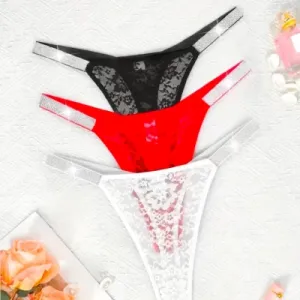 3pcs Thong Underwear Set Lace With Contrast Waistband l silver size: l