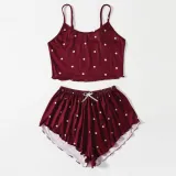 Summer Sleepwear Polka Dot Adjustable Strap Tank Top Elastic Waist Shorts Cotton Two Piece Pajamas Set red