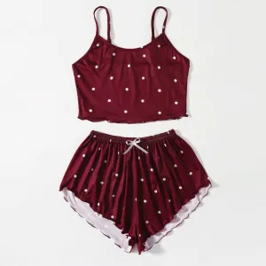 Summer Sleepwear Polka Dot Adjustable Strap Tank Top Elastic Waist Shorts Cotton Two Piece Pajamas Set red